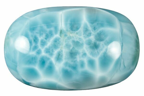 A polished Larimar cabochon displaying the color and patterning of gem-grade material.
